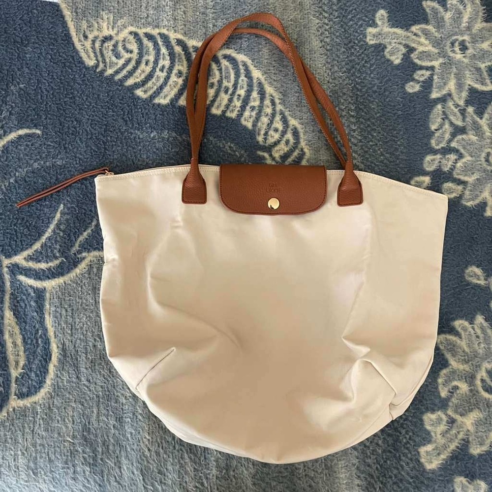 GM LIKKIE Cream Nylon Tote Bag Tan Leather Trim Foldable Shoulder Bag Large